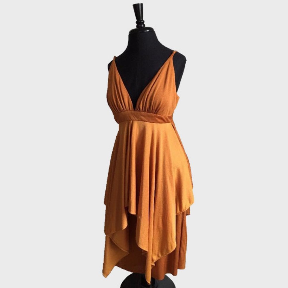 Vtg 70s Copper Asymmetric Hankie Hem Romper Dress… - image 4